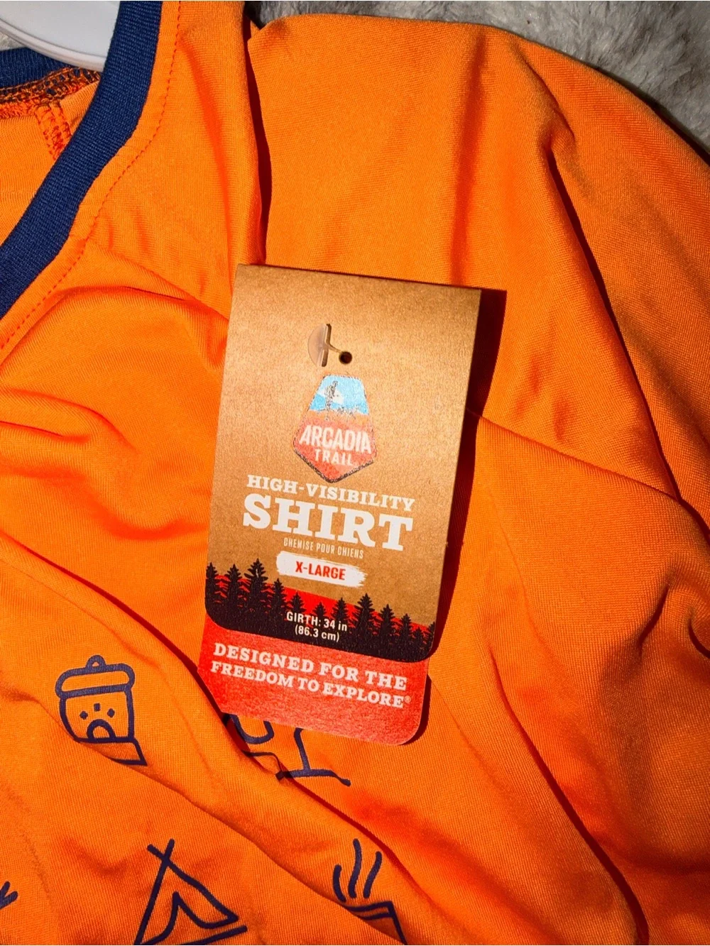 Arcadia Trail Orange dog Tee with Navy Trim and Adventure Icons